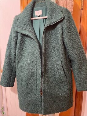 LOFT Green Bouclé Zip-Front Teddy Coat